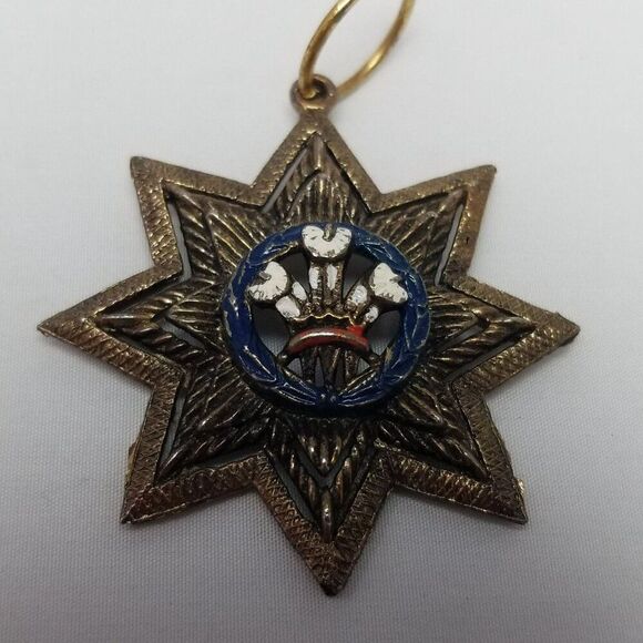 Vintage Prince of Wales Logo Enamel 8 Pointed Star Medallion Pendant Bronze Tone - Picture 2 of 6
